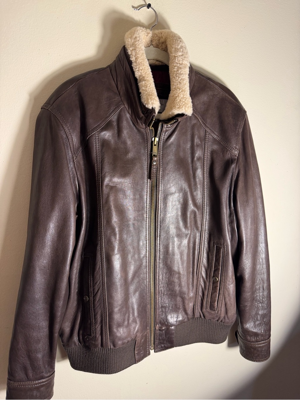 Marc Andrew NY Mens Shepra Collar Geuine Leather Brown Bomber Jacket Sz X Large